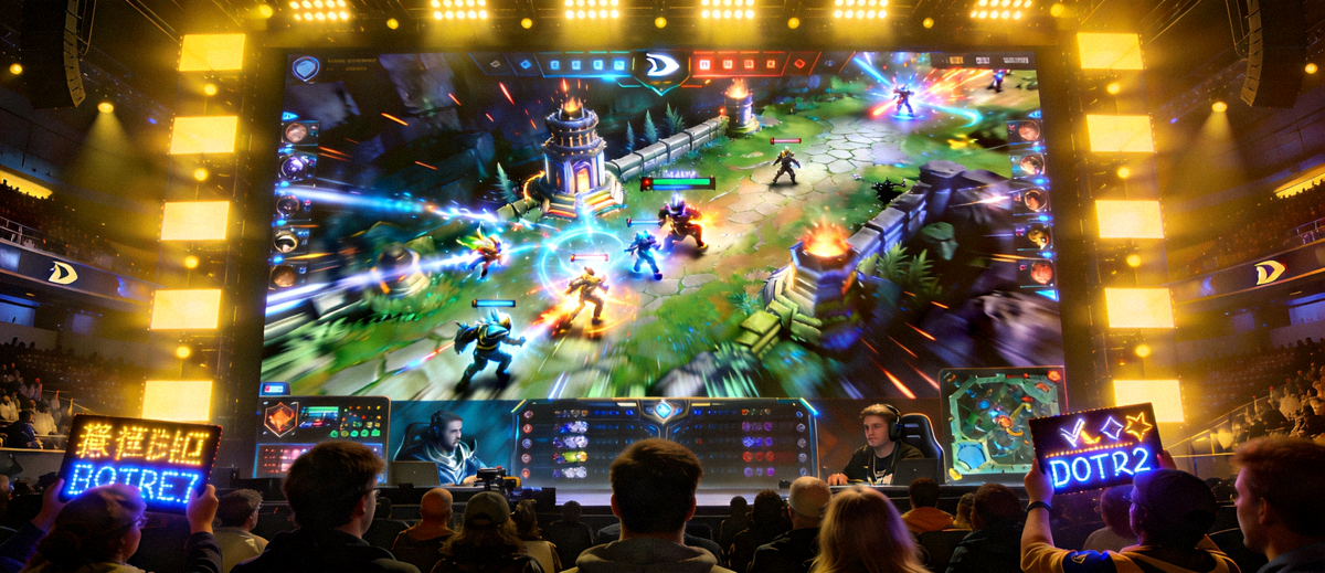 DOTA2直播现场大屏正在播放顶尖战队激烈对决画面